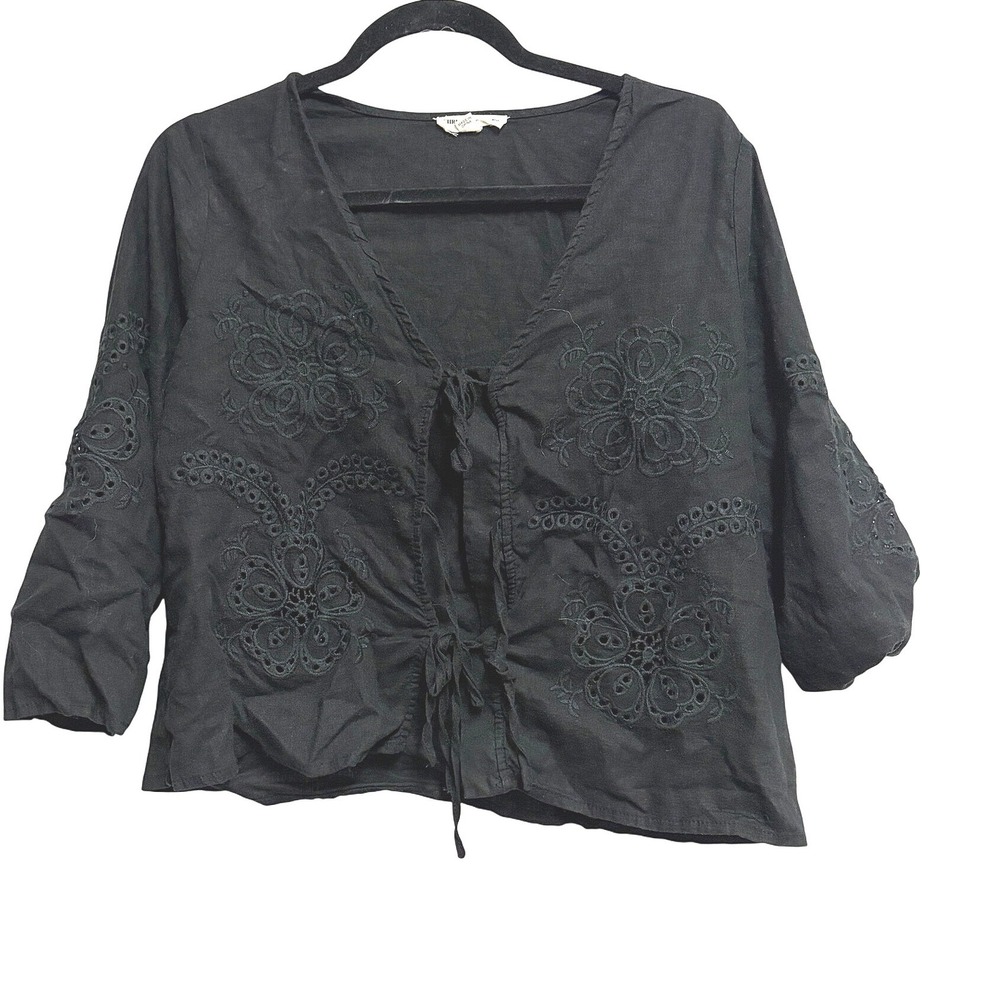 Christian Siriano Embroidered Eyelet Boho Black‎ Tie Front Linen Blend Top M